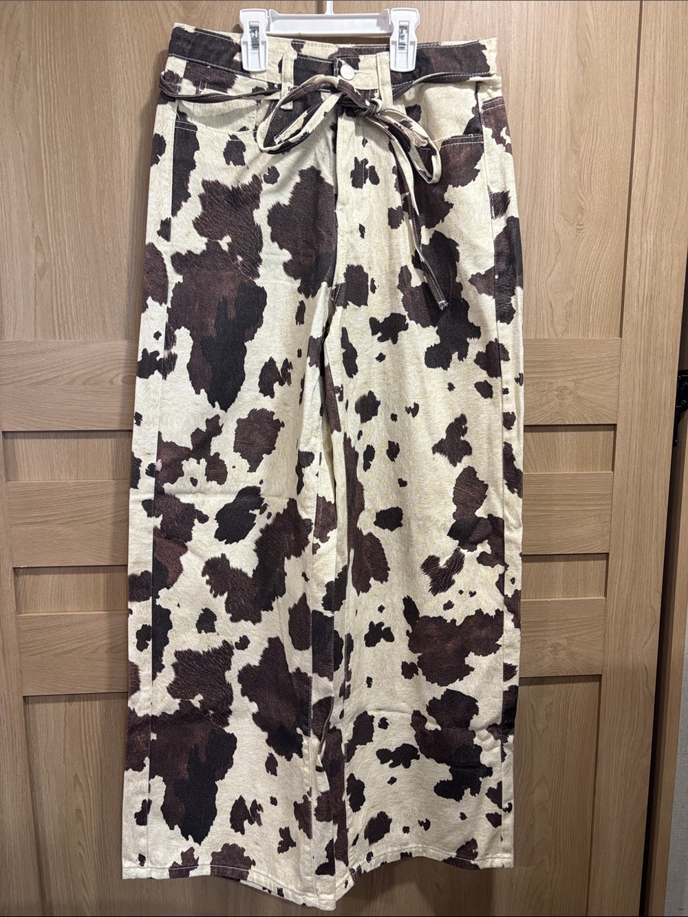 Cow Print Wide Leg Tie-Waist Pants